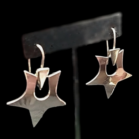 Unique Pure .925 Retro Star Earrings Mexico Artisan Statement 1990's - Picture 2 of 5